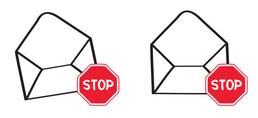 Stop, no advertising. No ads sign. Red circle background. Advertisement prohibited sign. Digital security concept. No spam or junk email. Cartoon e mail or mailing. No Cookies. Envelope