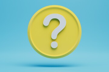 a round yellow icon with a white question mark on a blue background. 3D render