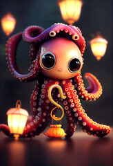 Fototapeta premium Adorable Octopus with lantern. 3D illustration. Cinematic. Modern animation. Squishy. 