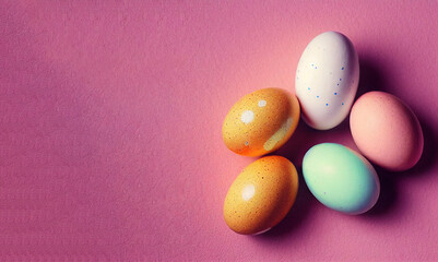 Colorful Easter eggs on a pastel pink background.	
