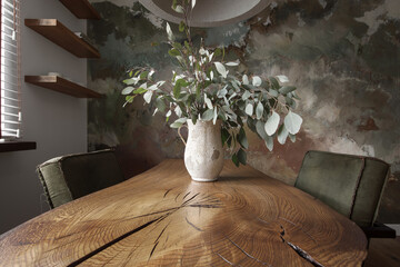 Modern Japandi appartment interior design in earth tones, natural textures with wooden solid oak furniture and clay decorative wall. Japandi concept