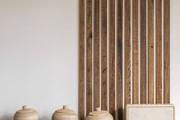 Modern Japandi appartment interior design in earth tones, natural textures. Solid oak wood wall...