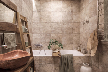 Modern Japandi bathroom interior design in earth tones, natural textures with wooden solid oak furniture. Japandi concept