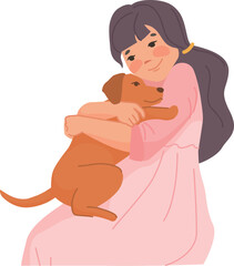 Cute girl hold puppy. Child friends with dog