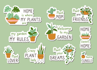 a set of stickers with indoor plants and text. Green friends. Vector illustration