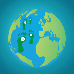 Row of green human footprints walking over the Earth globe, carbon footprint concept