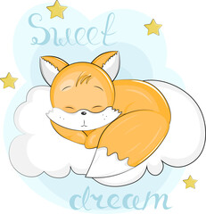 cute cartoon fox sleeping on a cloud