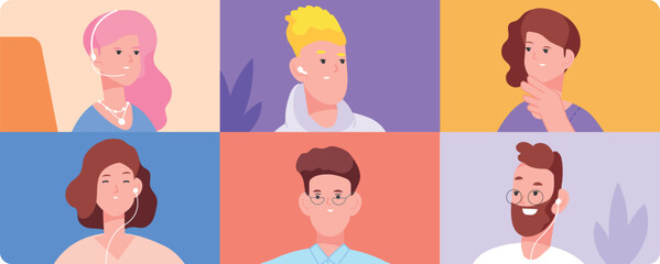 People in windows talking. Video seminar. Group call