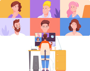Fototapeta premium Man looking at big screen with video conference call people