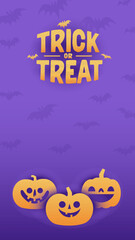 Halloween banner with copy space. Trick or treat lettering sign with bats and carved pumpkins. Cute and funny spooky style.