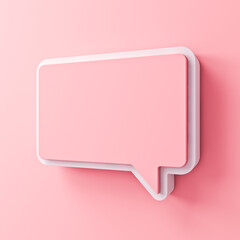 Perspective speech bubble pin isolated on pink pastel color wall background with shadow minimal conceptual 3D rendering