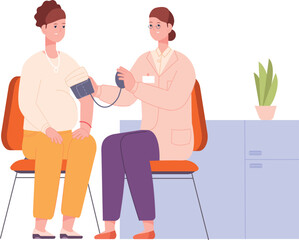Blood pressure measuring of pregnant woman. Medical care