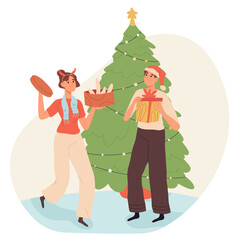 Cartoon Christmas eve characters decorating home and giving xmas gifts, celebrating winter holidays flat png illustration