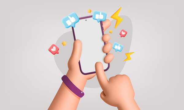 3d vector cartoon render hands hold smartphone with social media symbol poster