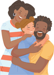 Black parents hugging caucasian girl. Family with adopted child