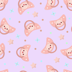 Seamless children's pattern on a purple background. A dummy with a pig. Pacifier for children