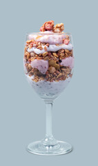 homemade ice cream nut & strawberry in transparent glass front view