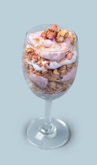 homemade ice cream nut & strawberry in transparent glass top view