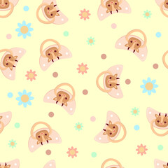Seamless children's pattern on a yellow background. A dummy with a cow. Pacifier for children