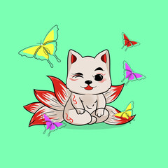 Cute cat  character illustration for children. Hand drawn line drawings of beautiful cat on sit with butterfly illustration design good for kid t-shirt, sticker, banner, wall made, sketch book.