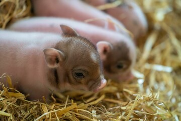 Close up of a mini pig (Sus scrofa domesticus) lying on hay