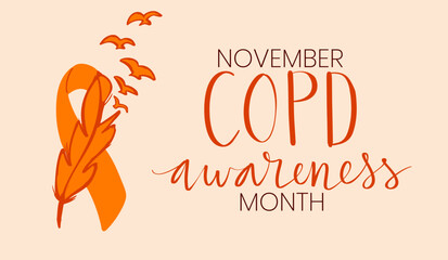 COPD chronic obstructive pulmonary disease awareness month Novermber handwritten lettering. Orange support ribbon. Web banner vector