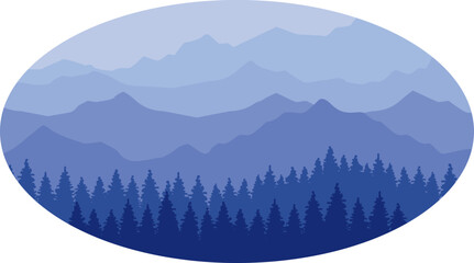 Mountain landscape with pine trees in blue shades is inscribed in the oval. vector illustration
