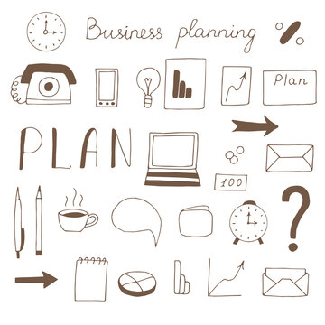 Business planning set vector illustration, hand drawn