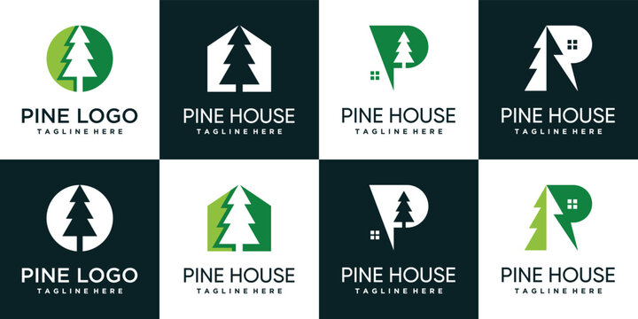 Pine tree logo design collection with house icon and creative modern concept Premium Vector