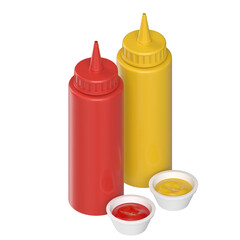 3d rendering illustration of ketchup and mustard bottles