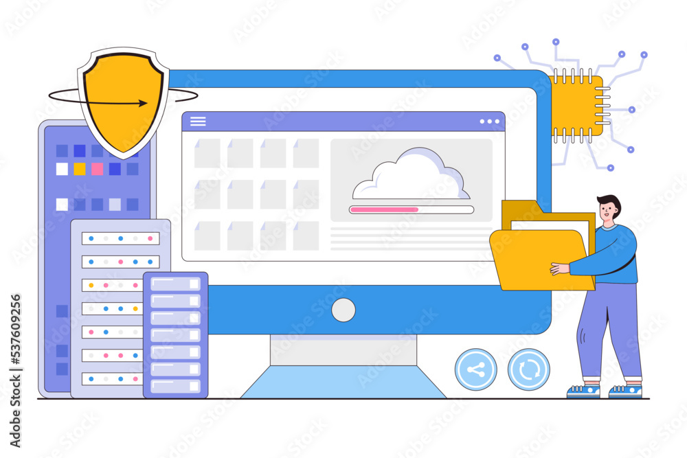 Poster flat business technology file upload backup on cloud server storage concept. outline design style mi