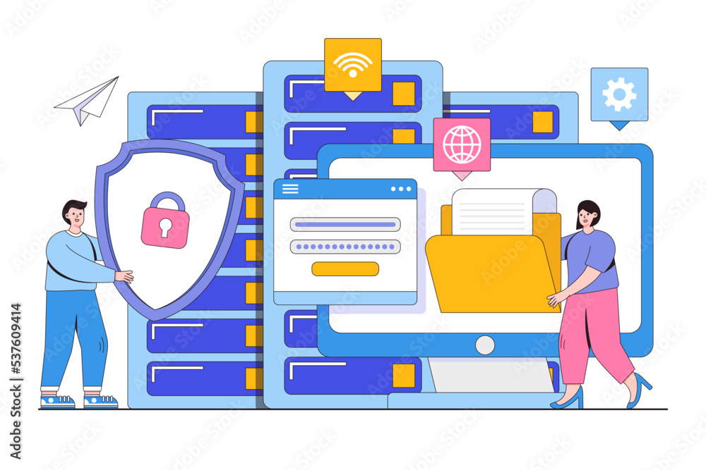 Poster flat hosting, data protection, data center, cloud computing concept. outline design style minimal ve