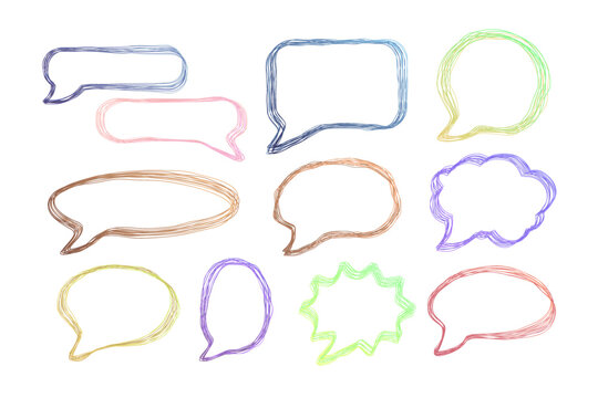 Hand-drawn, colorful speech bubbles different shapes. Vector