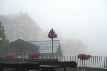 A box of flowers by the cable car in the fog At the Alps. Mix of flowers and colors. General contest of the European Alps