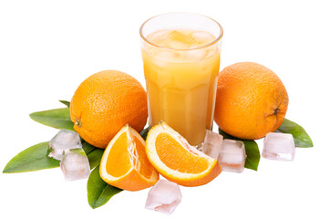 PNG.  glass with orange juice, fresh oranges, leaves and ice cubes