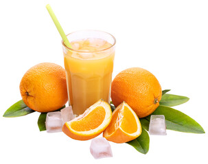 PNG.  glass with orange juice, fresh oranges, leaves and ice cubes