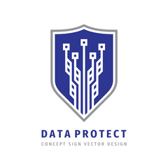 Data protect technology - logo vector illustration. Abstract shield symbol with electronic design elements. Antivirus creative logo sign. Protection guard security digital technology icon logo. 