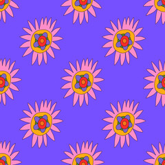 vintage floral print for fabric. textile seamless pattern. 1970 psychedelic, hippie and funky. cottage core 60s rustic interior decor. wallpaper and background pattern. children's naive style of wildf