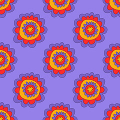 floral hippie seamless pattern.1970 psychedelic square ornament.botanical vibrant cottege core background.Funky groovy 60s textiles.Classic rustic fabric with wildflowers.paper print template