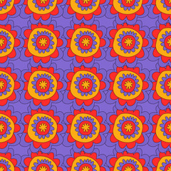 vintage floral print for fabric. textile seamless pattern. 1970 psychedelic, hippie and funky. cottage core 60s rustic interior decor. wallpaper and background pattern. children's naive style of wildf