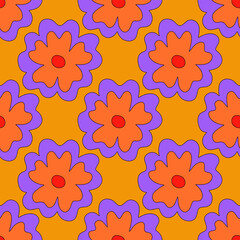 Fototapeta na wymiar square vector seamless pattern - flower in hippie style.1970 good vibes.Funky and groovy 1980 daisy flower.1960 psychedelic ornament.Summer botanic back.Floral fall autumn naive social media template