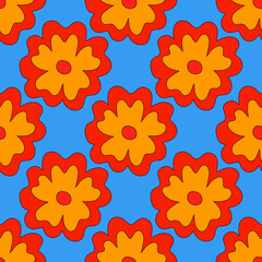Fototapeta na wymiar square vector seamless pattern - flower in hippie style.1970 good vibes.Funky and groovy 1980 daisy flower.1960 psychedelic ornament.Summer botanic back.Floral fall autumn naive social media template 