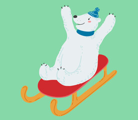 The white polar bear is sledding. Winter sport. Colorful vector illustration in a cute flat style. Vector illustration design.