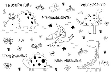 black and white illustration of a dinosaur for a childrens poster.collection of funny jurassic reptiles. dino vector illustration for coloring pages © Anastasia