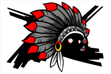 indian tribal head and headgear vector design with feathers arranged into a hat