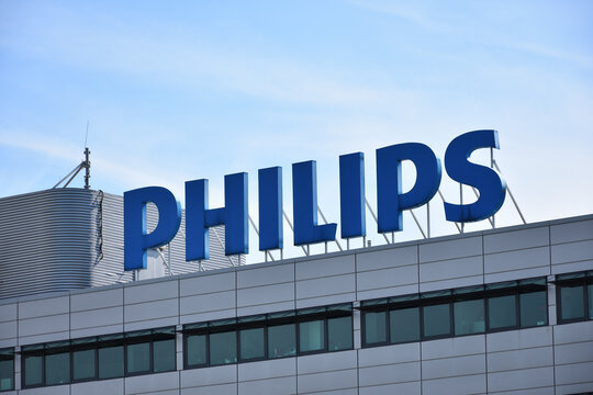 Philips logo on the facade of Philips Polska building. WARSAW, POLAND - AUGUST 2, 2020