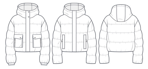 Hooded Puffer Jacket technical fashion Illustration. Cropped  Down Jacket technical drawing template, long sleeve, pocket, front and back view, white, women, men, unisex CAD mockup set.