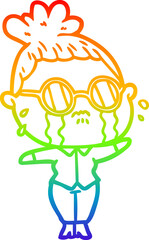 rainbow gradient line drawing of a cartoon crying woman wearing spectacles