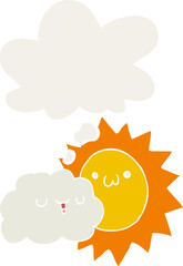cartoon sun and cloud with thought bubble in retro style
