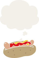 cartoon hotdog with thought bubble in retro style